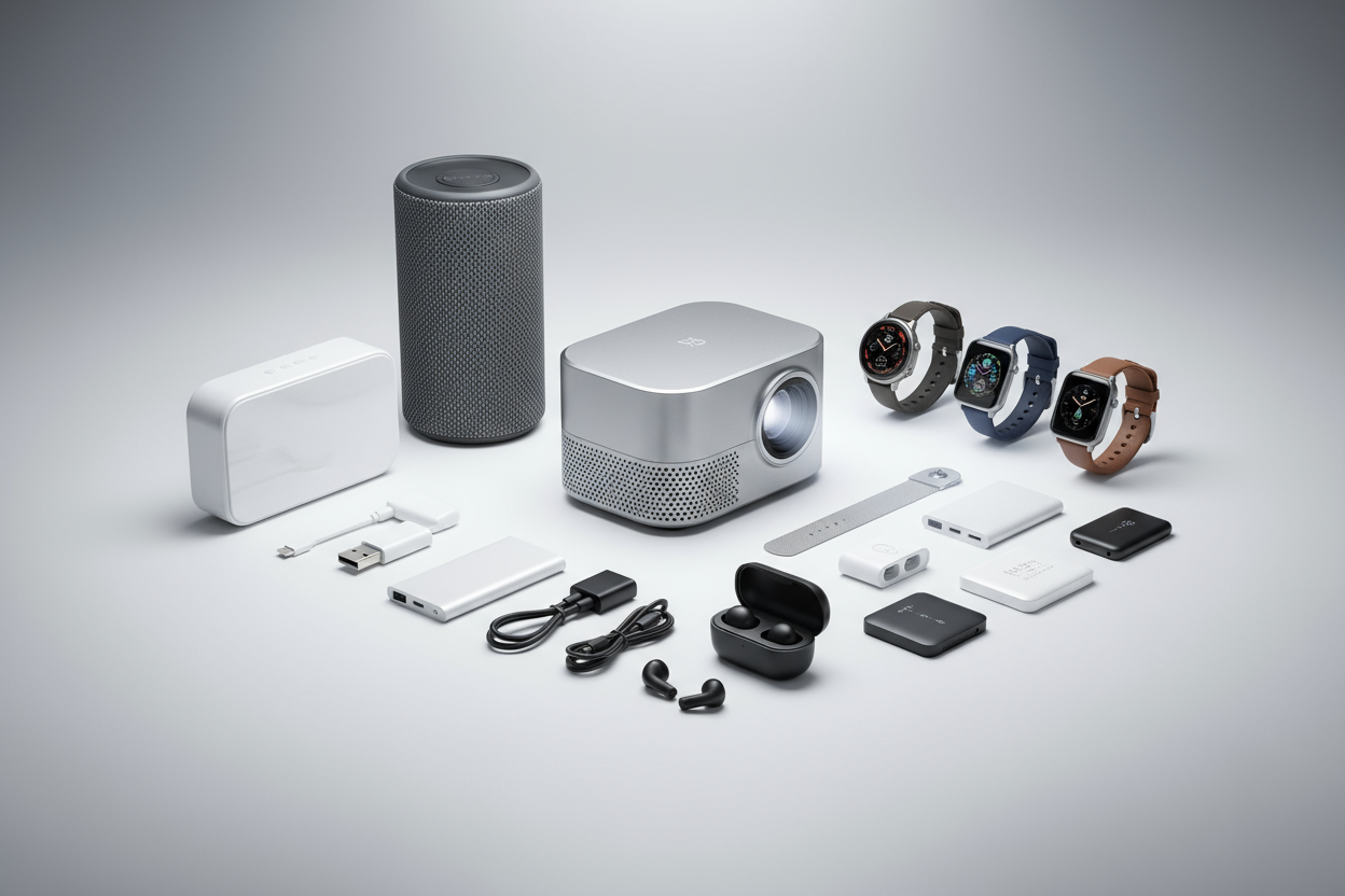 An image showcasing products like projectors blue tooth speakers and other gadjets